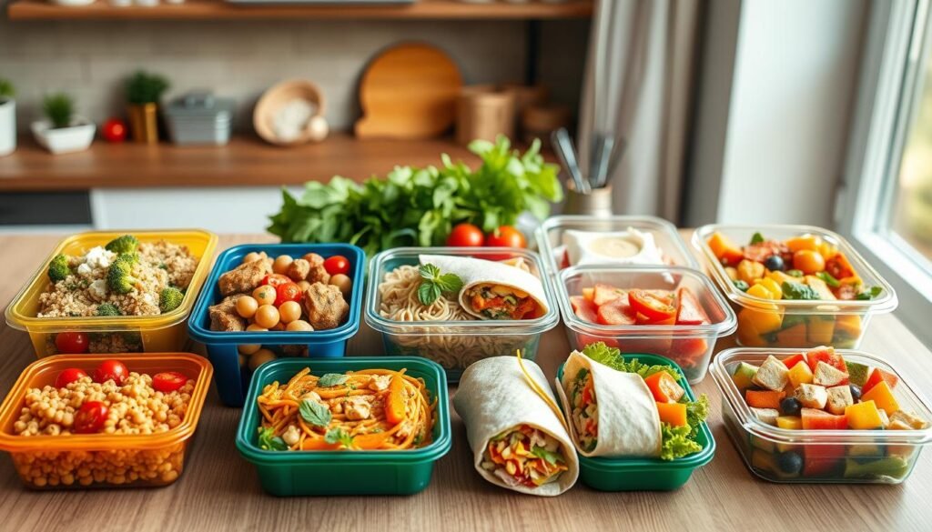 A beautifully arranged meal prep display showcasing seven diverse and appealing lunch boxes. In the foreground, present colorful containers filled with vibrantly cooked dishes: a quinoa salad with cherry tomatoes and feta, grilled chicken with sautéed broccoli, a spicy chickpea curry, pasta with fresh basil and cherry tomatoes, a wrap with turkey and fresh vegetables, a bowl of stir-fried tofu with mixed peppers, and a refreshing fruit salad. The middle section should feature a wooden table set with fresh herbs and cooking utensils to add a homely touch. In the background, soft natural light filters through a window, casting a warm glow, creating an inviting atmosphere. The angle should showcase the variety while maintaining focus on the intricately prepared meals, hinting at diversity and health in everyday cooking.