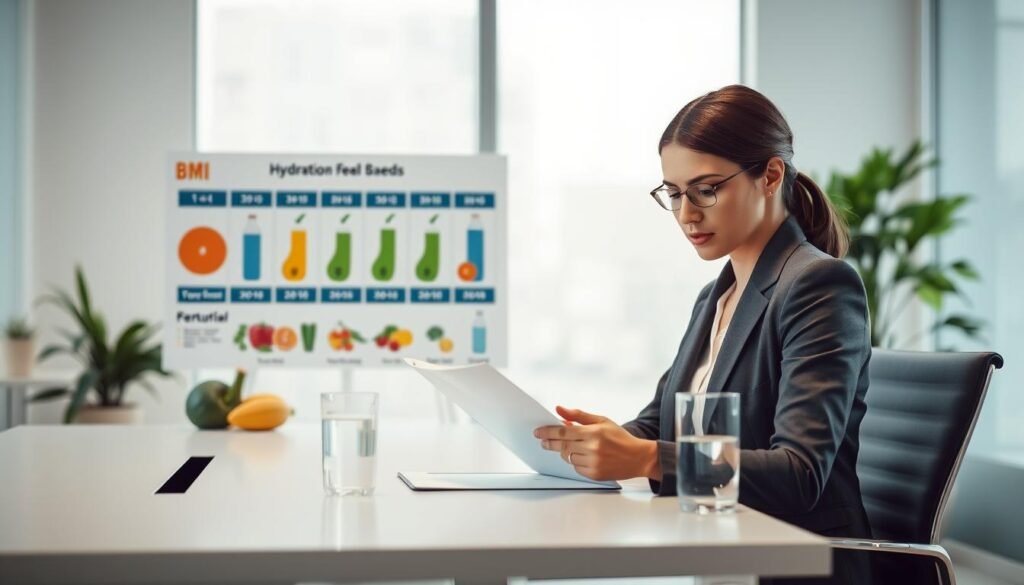 A serene and educational scene depicting an individual in a modern office setting, emphasizing hydration needs based on BMI. The foreground features a professional woman in modest business attire, analyzing a chart on hydration needs, seated at a sleek desk with a glass of water beside her. In the middle ground, display an infographic showing different hydration formulas, surrounded by healthy foods like fruits and vegetables. The background includes a large window with soft, natural lighting filtering through, adding to a calm atmosphere. Use a shallow depth of field to focus on the subject while keeping the infographic slightly blurred. The overall mood should convey clarity and professionalism, promoting the importance of personalized hydration.