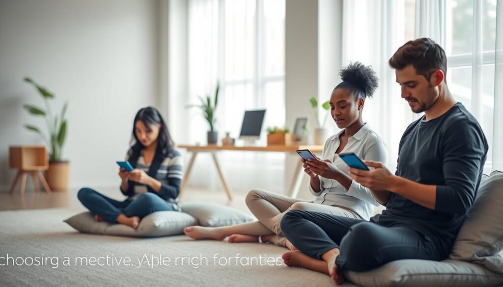 A serene and engaging scene depicting the key factors to consider when selecting a meditation app. In the foreground, a diverse group of individuals—two women and one man—are seated comfortably on cushions, each using a smartphone with an app open on the screen. They are dressed in professional casual attire, exuding calm and focus. The middle layer features a minimalist workspace with plants and calming décor, symbolizing tranquility and mindfulness. The background is filled with soft, diffused natural light filtering through large windows, creating a warm and inviting atmosphere. The overall mood should convey relaxation and introspection, highlighting the thoughtful process behind choosing the right meditation application for personal growth and well-being.