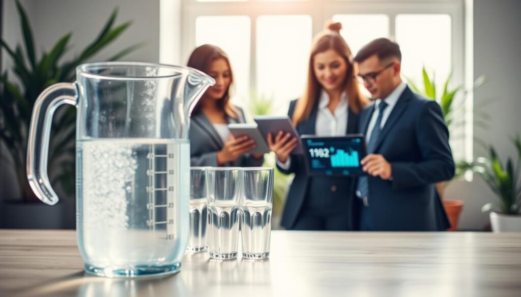 A serene and informative scene depicting hydration monitoring methods. In the foreground, a clear, well-lit water pitcher filled with water and several glass cups, symbolizing daily water intake. In the middle ground, a diverse group of three professionals in modest business attire are engaged in a discussion, analyzing hydration data displayed on a tablet. The background features a softly blurred indoor environment, with green plants and natural light streaming in through a window, creating a refreshing atmosphere. Use soft, natural lighting to enhance the clarity of the scene, with a focus on the interactions between the professionals and their engaging expressions. The overall mood should feel productive, educational, and motivating.
