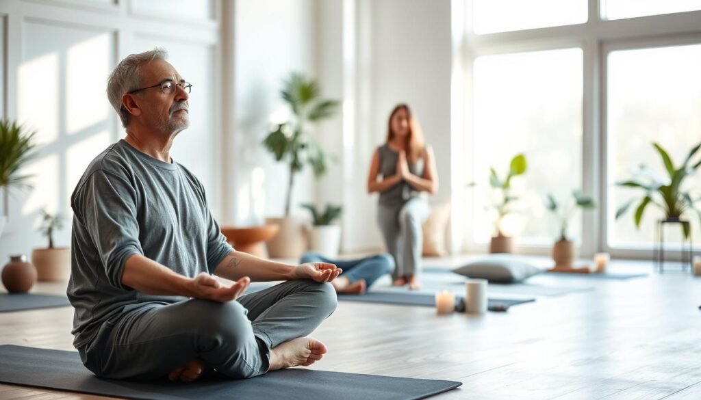 A serene indoor space dedicated to meditation, featuring a diverse group of individuals practicing mindfulness. In the foreground, a middle-aged man in comfortable, modest casual clothing sits cross-legged on a yoga mat, eyes closed and face peaceful, embodying calm and focus. In the middle, a woman with long hair is guiding a meditation session, radiating tranquility and warmth. The background showcases soft, natural lighting filtering through large windows, casting gentle shadows. A few potted plants and minimalist decor enhance the calming atmosphere, while subtle hints of inspirational elements like candles and cushions are present. The overall mood is one of serenity, balance, and mental wellness, inviting viewers to reflect on the benefits of meditation for mental health.