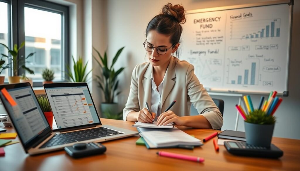 A well-organized workspace featuring a wooden desk with a laptop open to a budget spreadsheet, surrounded by colorful stationery like sticky notes, pens, and a calculator. In the foreground, a professional woman in smart casual attire is writing on a notepad, focused and determined. In the middle, a large window lets in warm, natural light, illuminating the scene, with potted plants enhancing the atmosphere of productivity. In the background, a whiteboard with financial charts and goals sketched out showcases planning for an emergency fund. The overall mood is one of clarity, motivation, and financial empowerment, symbolizing the importance of building a robust financial foundation for long-term well-being.