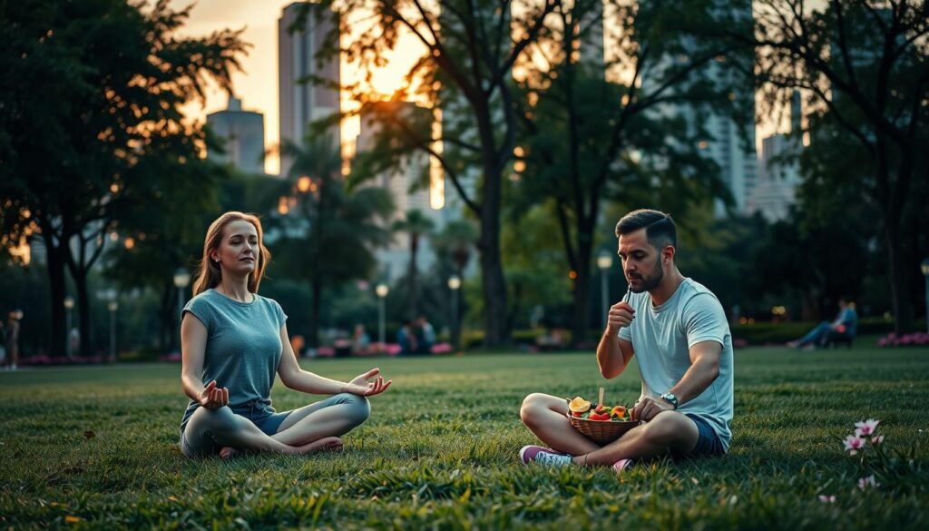 A tranquil urban park scene at dusk, showcasing a diverse group of individuals practicing mindfulness and relaxation techniques to promote mental well-being and healthy digestion. In the foreground, a woman in casual attire sits cross-legged on the grass, meditating, with a serene expression on her face. Nearby, a man enjoys a colorful, healthy meal of fresh fruits and vegetables, symbolizing balanced nutrition amidst a bustling city environment. The middle ground features trees and blooming flowers, creating a calming atmosphere. In the background, skyscrapers glimmer under the warm glow of sunset, with hints of vibrant city life. The lighting is soft and inviting, enhancing the peaceful yet dynamic mood of urban living while highlighting the connection between mental health and digestion.