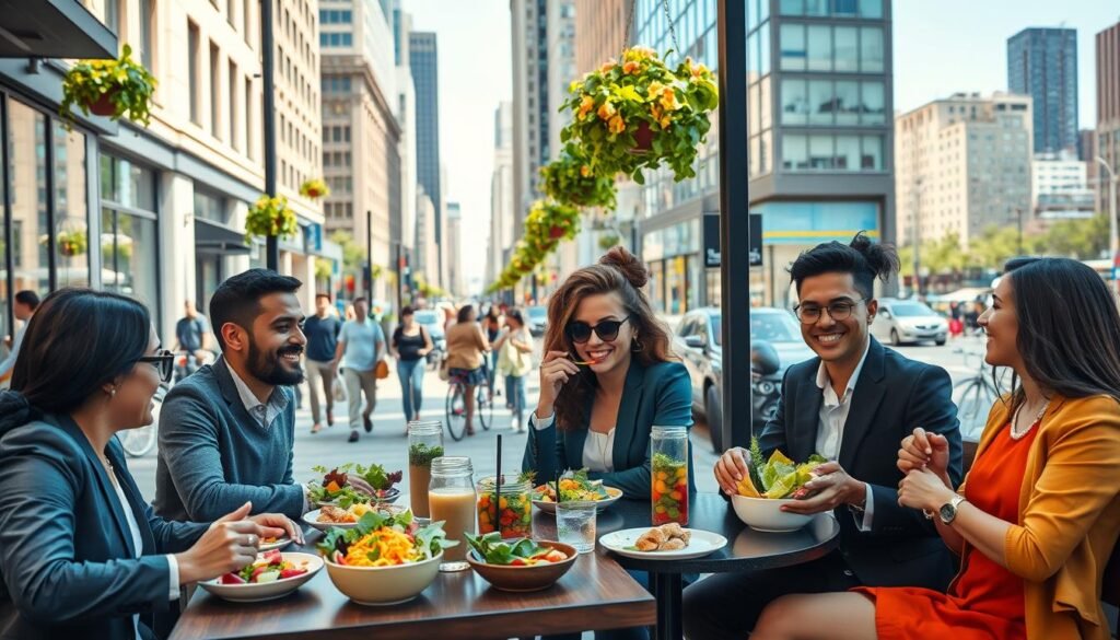 A vibrant urban cafe scene depicting healthy eating habits amidst the hustle and bustle of city life. In the foreground, a diverse group of stylishly dressed individuals, including men and women in professional attire, are seated at a table enjoying colorful, nutritious meals: fresh salads, smoothie bowls, and vegetable wraps. The middle ground features a modern city street bustling with pedestrians and cyclists, showcasing urban greenery like potted plants and hanging gardens. In the background, high-rise buildings and clear blue skies contribute to a bright and airy atmosphere. Soft, natural lighting filters through, casting gentle shadows. The overall mood is lively and inspiring, reflecting an inviting space where healthy eating is embraced despite the surrounding fast-food temptations.